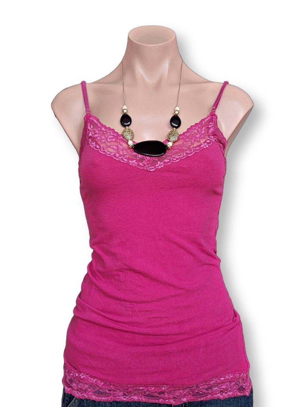 Hot Pink Lace Trim Camisole Top Y2K Coquette Layering Tank Top (M)